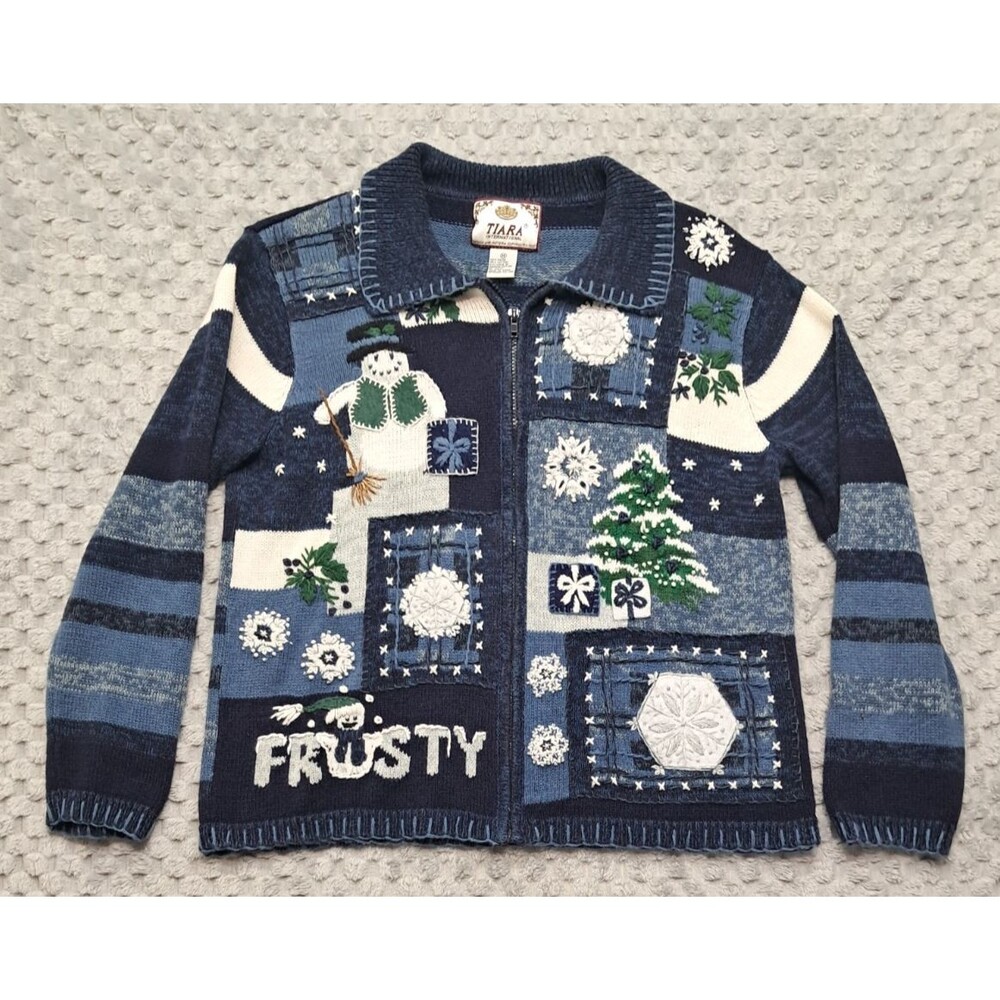 VTG Tierra International Christmas Sweater Womens M Frosty Snowman Cardigan Knit